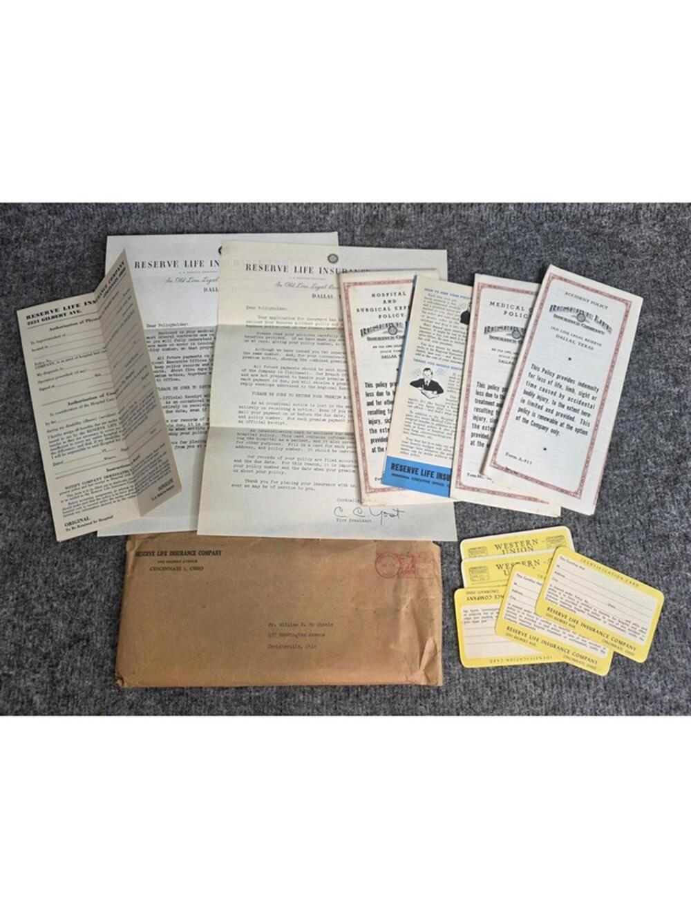Reserve Life Insurance Policies & Documents Vtg Set